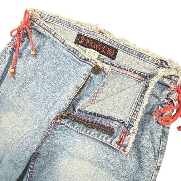 VTG Y2K Mudd Yo! Crop Flare Jeans Low Rise Raw Frayed Waist Red Lace Up Denim 9 - Picture 6 of 11